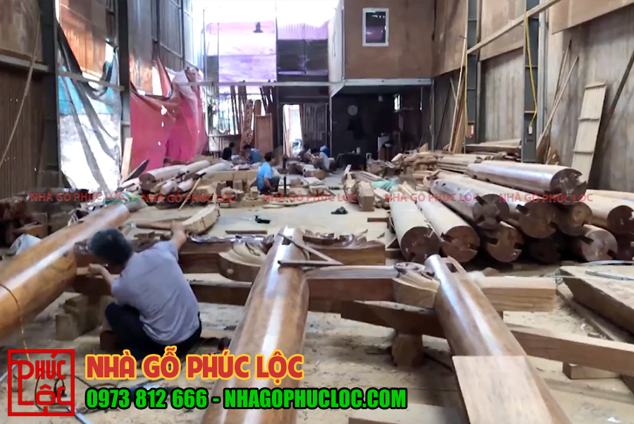 Toàn cảnh hoàn thiện nhà gỗ lim 5 gian tại xưởng nhà gỗ 