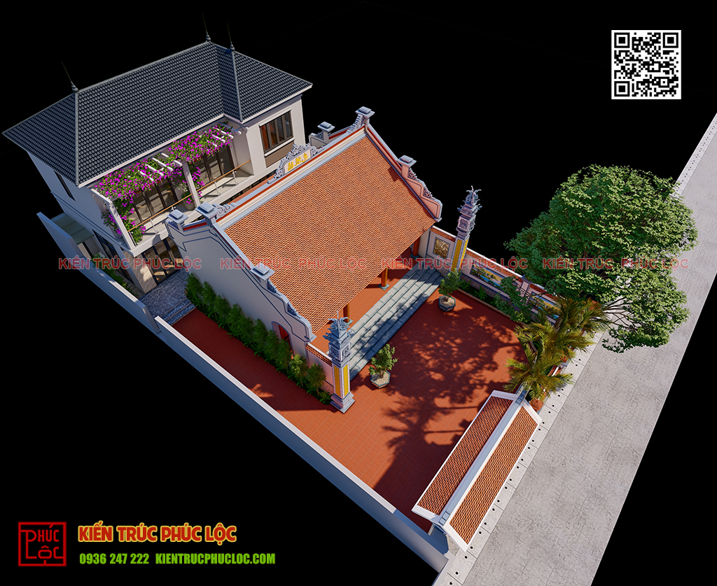 Mẫu thiết kế 3D nhà gỗ 3 gian kết hợp nhà hiện đại